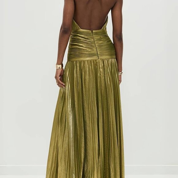 Pleated Maxi Gown | Glitter Green Halter Neck | Slit Maxi Dress - Picture 4 of 6